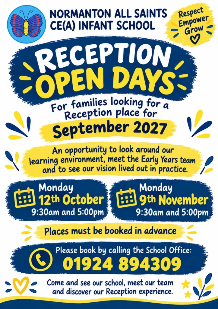 Reception open days advert poster Sept 2027